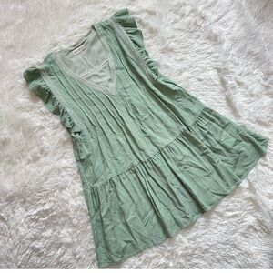 New In Sage Green Pleated Mini Dress - Linen Blend - Ruffle Sleeve - Size M
